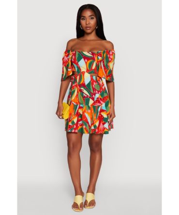 Abstract Leaf Print Cut Out Off The Shoulder Sundress