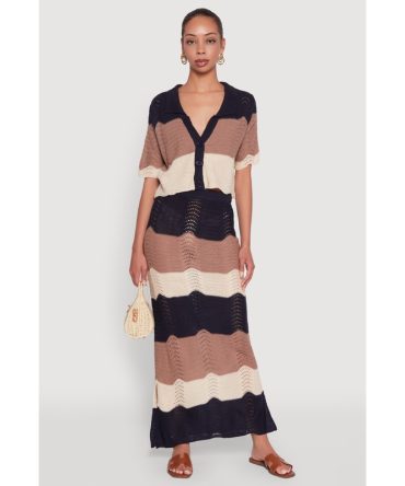 Chic Crochet High Waisted Striped Maxi Skirt