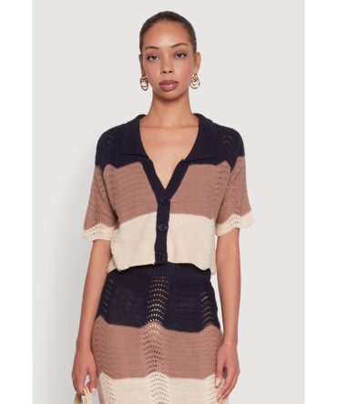Chic Crocheted Striped Button Front Cardigan