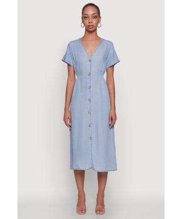 Chic Short Sleeve V-Neck Shirt Dress with Button Front