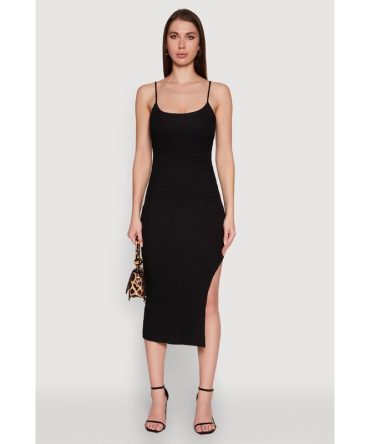 Chic Textured Knit Scoop Neck Bodycon Dress with Side Slit