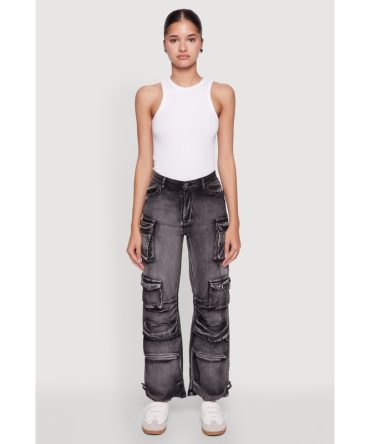 Daisy Acid Wash High Waisted Wide Leg Cargo Pants