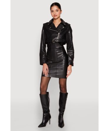 Daisy Faux Leather Belted Front Cropped Moto Jacket