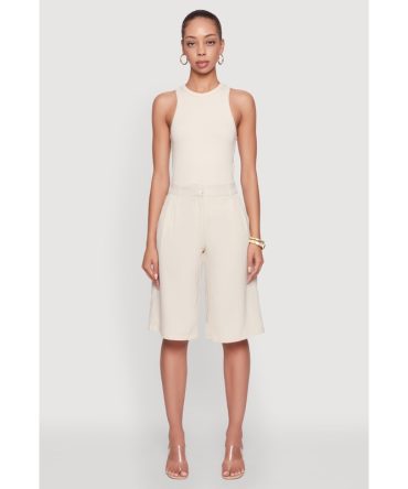 High Waisted Crepe Knit Tailored Bermuda Shorts