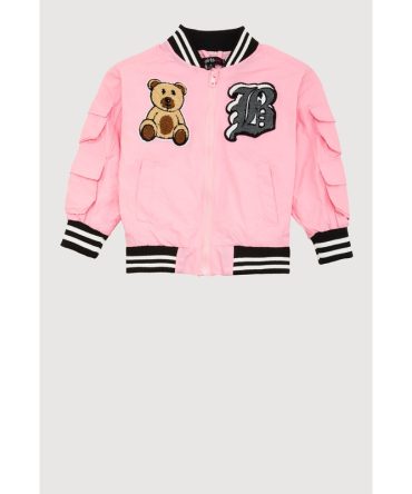 Little Girls Chenille Bear Graphic Bomber Jacket