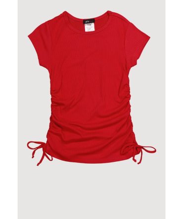 Little Girls Chic Ribbed Knit Short Sleeve Crew Neck Top with Faux Drawstring