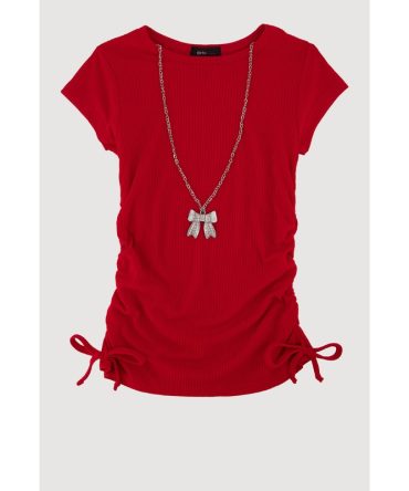 Little Girls Ribbed Knit Tee with Removable Rhinestone Bow Necklace