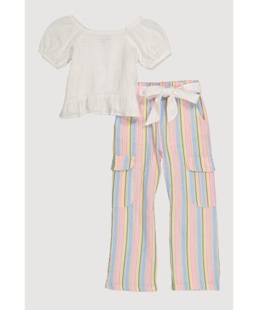 Little Girls Smocked Blouse and Tie Waist Belted Pants