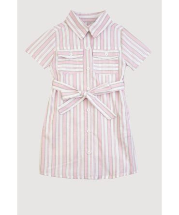 Little Girls Striped Short Sleeve Tie Waist Shirt Dress