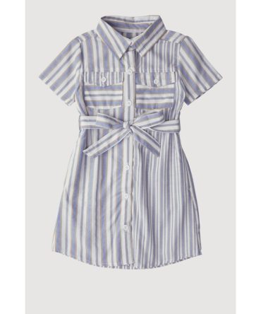 Little Girls Striped Tie Waist Belted Shirt Dress