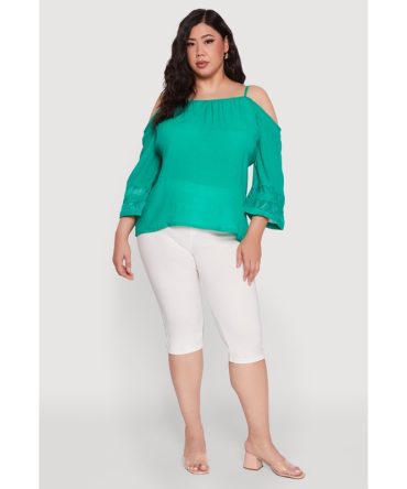 Plus Size Chic Cold Shoulder Gauze Knit Top with Adjustable Straps