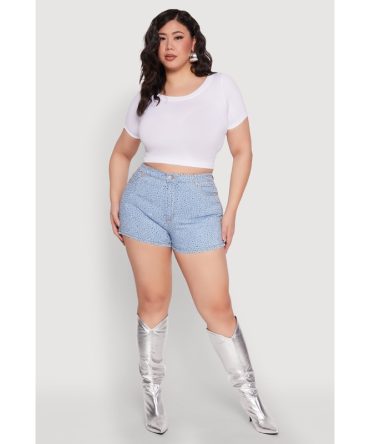 Plus Size Daisy Denim Rhinestone Studded Shorts