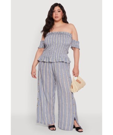 Plus Size Striped Buttoned Split Hem Palazzo Pants