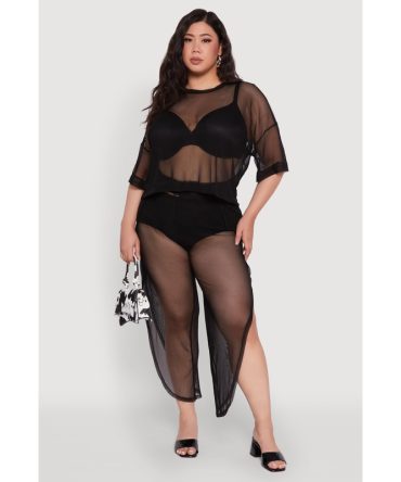Plus Size Trendy High Waist Side Slit Mesh Palazzo Pants