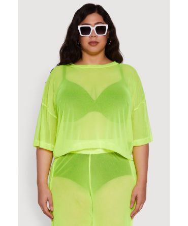Plus Size Trendy Mesh Crew Neck Short Sleeve Top