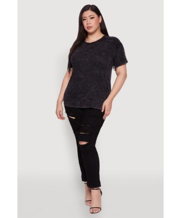 Plus Size Trendy Mineral Wash Fringe Sleeve Tee