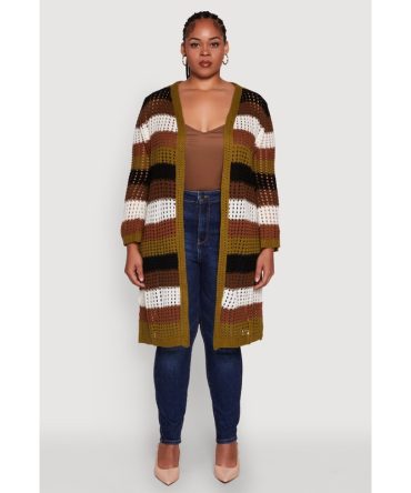 Plus Size Trendy Striped Crochet Long Sleeve Duster