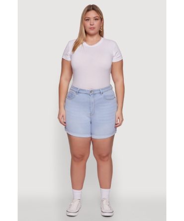 Plus Size WAX High Waisted Denim Shorts with Stretch and Whiskering