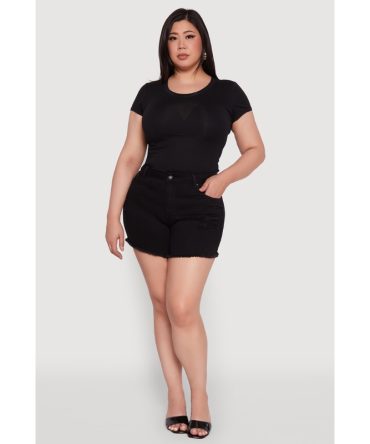 Plus Size WAX High Waisted Distressed Frayed Hem Denim Shorts