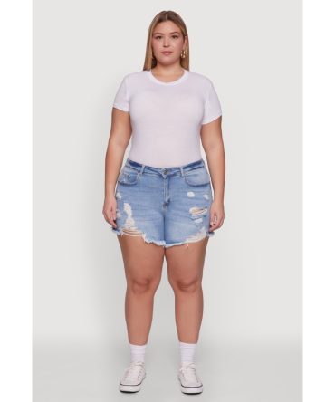 Plus Size WAX High Waisted Frayed Distressed Denim Shorts