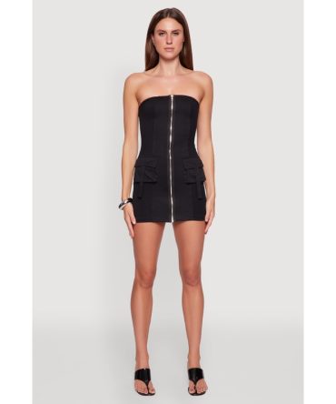Ribbed Knit Zip Front Cargo Pocket Tube Dress