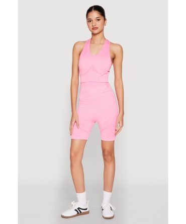 Seamless Rib Knit Two Tone Racerback Tank Top and Shorts