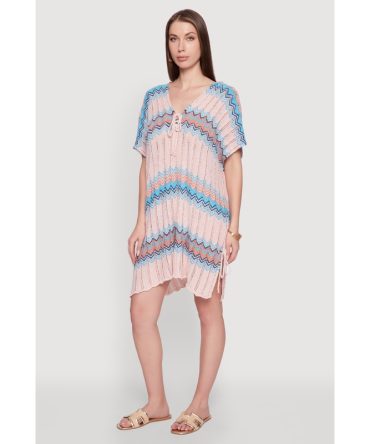 Stylish Crochet V-Neck Cover Up Dress with Tie Front