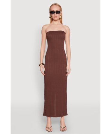 Textured Knit Back Slit Maxi Tube Dress