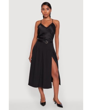 Trendy High Waisted Pleated Mid Length Skirt with Belt