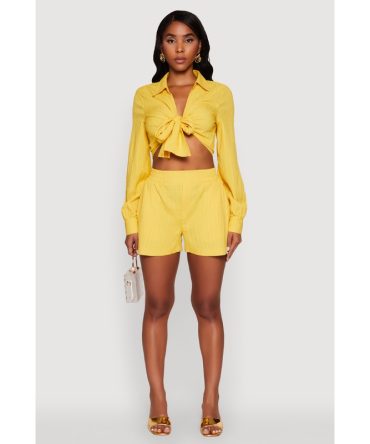 Trendy High Waisted Textured Knit Shorts with Pockets