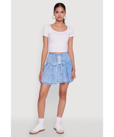 Trendy Lace Up Detail Mineral Wash Pleated Skirt