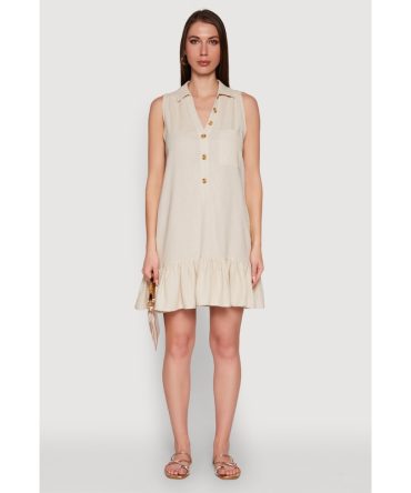 Trendy Linen Sleeveless Shirt Dress with Flounce Hem