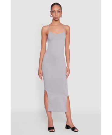 Trendy Ribbed Knit Side Slit Midi Dress