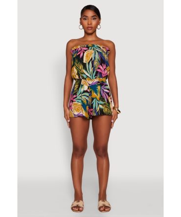 Tropical Leaf Print Ruffle Tube Romper
