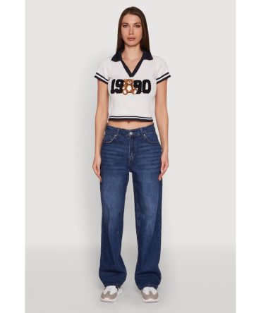 Varsity Striped Embroidered 1990 Bear Graphic Polo Shirt