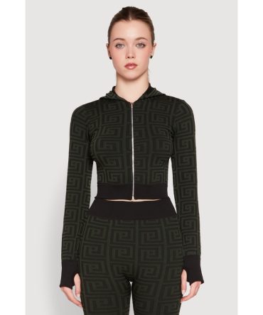 Color Block Greek Key Print Zip Front Hoodie