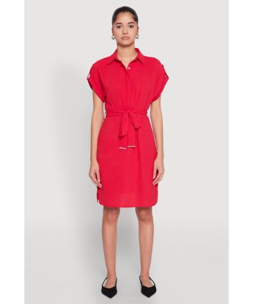 Crepe Knit Tie Waist Belted Shirt Dress