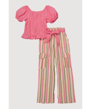 Girls Peasant Puff Sleeve Top and Striped Pants