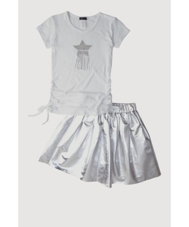 Girls Rhinestone Fringe Star Top and Faux Leather Skirt