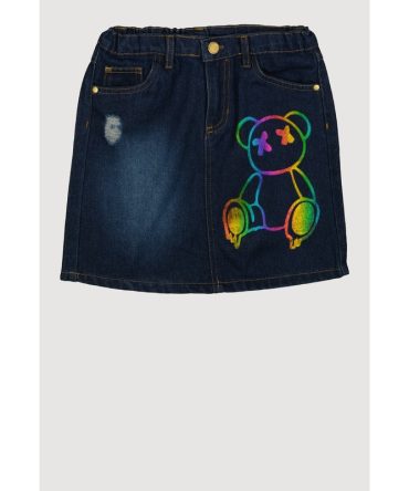 Girls Teddy Bear Graphic Denim Skirt