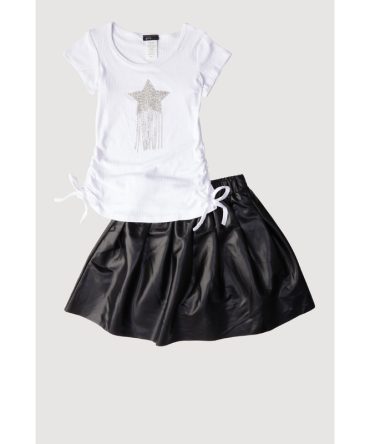 Little Girls Rhinestone Fringe Star Top and Faux Leather Skirt