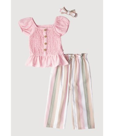 Toddler Girls Smocked Peasant Top with Striped Pants and Headband