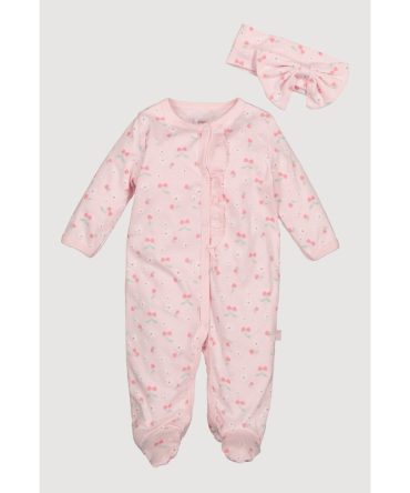 Baby Girls 0-9M Cherry Hearts Footed Onesie with Headband
