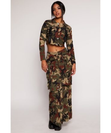 Camo Tie Front Maxi Cargo Skirt