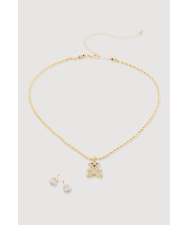 Cubic Zirconia Bear Charm Necklace with Stud Earrings