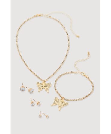 Cubic Zirconia Butterfly Necklace and Bracelet with Stud Earrings Set of 5