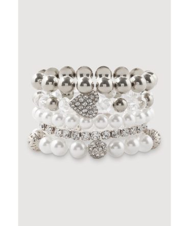 Faux Pearl Heart Rhinestone Stretch Bracelets Set of 5