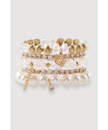 Faux Pearl Rhinestone Charm Stretch Bracelets Set of 5