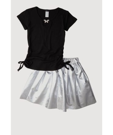 Girls Ribbed Knit Keyhole Tee and Faux Leather Pleated Skirt