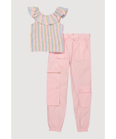 Girls Smocked Striped Top and Cargo Joggers